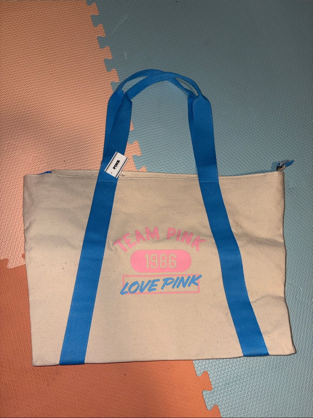 PINK Victoria's Secret Canvas Tote with Blue Straps and Pink Logo
